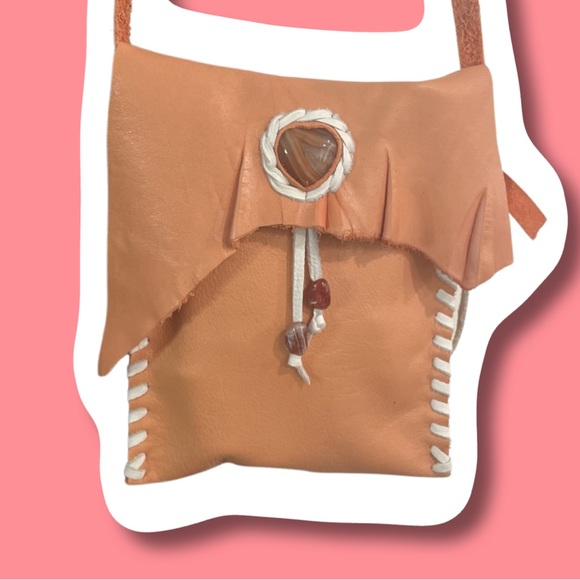 Boho Bespoke Leather Coral & Carnelian Heart Crossbody Handbag - Picture 4 of 5